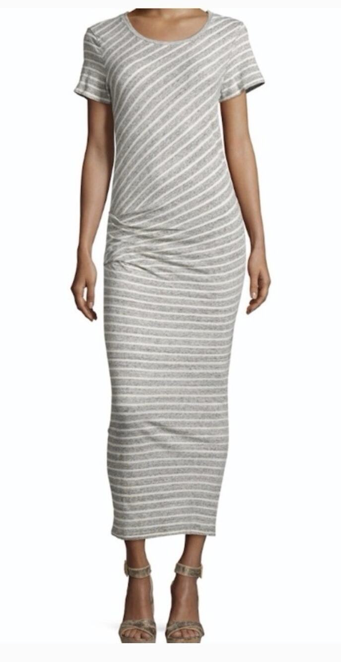 James Perse Women’s T-Shirt Maxi Dress Ruched Size 0/XS Brown Ivory Stripe